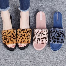 런슈즈 고급스런 레오파드 패턴 퍼슬리퍼 여성 겨울 사무실 털실내화