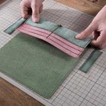 수제 가죽지갑만들기 DIY 재료패키지 여성 장지갑, (재료 패키지) - 왁스 가죽 블랙 x 블루