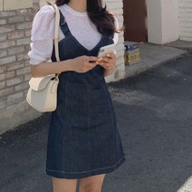 [랜덤플레이]데님 멜빵 A라인 미니 투피스 세트