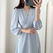 여성을위한 기질 주름 크로스 V 넥 하이 허리 슬림 쉬폰 드레스 무릎 길이 드레스