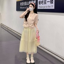 XINHUA Xiaoxiang 스타일 셔츠 여성 여름 v -Neck Short Top+Net Yarn 치마 높은 허리 긴 ZB-249350