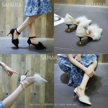 리우씨앤씨 일자스트랩 스틸레토힐 단화 사이드오픈 털장식