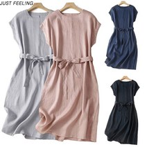 JUSTFEELING여성 캐주얼 벨트 면 마 원피스 스트링 린넨 A라인 미디 롱원피스