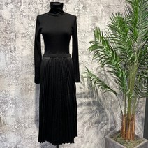 시슬리 플리츠 우븐 패치 니트 원피스 SAKO33161 BK