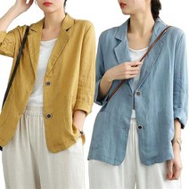 JUSTFEELING 루즈핏 면 마 린넨 정장 코트 여성 여자 자켓 긴팔 케주얼 의류