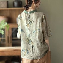 레트로 코튼 린넨 블라우스 여성 탑 캐주얼 옷깃 백 버튼 빈티지 셔츠 숙녀 그린 오렌지 여름 대형 루즈 셔츠