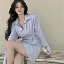 프랑스 스타일 블루 긴 소매 셔츠 드레스 여성 봄 의류 새로운 슬림핏 기질 허리 포옹 슬리밍 세련된 스커트 2022