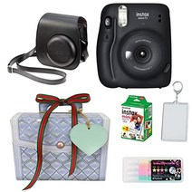 (버니티 가방 랩핑 BOX 체키 세트) 후지 필름 체키 instax mini 11 차콜 그레이 & 케이스 & 필름 20장 & 하메파치 & 디즈니 앨범 & 데코루 레펜 & 바니티 가방 BOX 블루