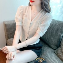여름 레이스 브이넥 퍼프 반팔 숏기장 패치 디자인 소탈한 셔츠