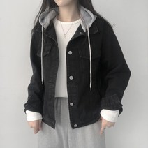 리리의감각 여성 루즈핏 후드 탈부착 흑청 청자켓