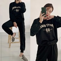 퍼니걸스 3668 기모 배색 레터링 프린팅 맨투맨 조거 트레이닝 세트