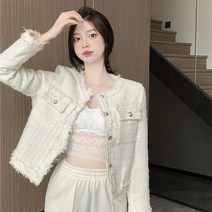 트위드자켓 여성 봄 가을 청 가죽 자켓 정장 노카라 숏 하객룩 격자 무늬 술 짧은