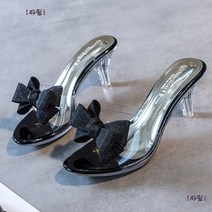 여성 여름 투명 리본 유리구두 슬리퍼 힐 투명 킬힐