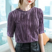 여름 라운드넥티셔츠여성 심플 프릴 라운드 주름 5부 반팔 티 셔츠 QUY942 +사은품