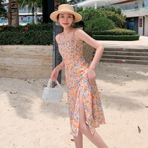 꽃 휴가 유럽과 미국의 복고풍 인스 슬림 슬림 오렌지 스플릿 페어리 쉬폰 서스펜더 롱 스커트 드레스