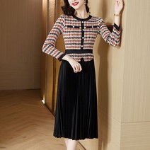 쩐쿠 봄 여성 라운드넥 체크무늬 주름 롱 원피스 8720