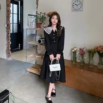 코지 우아한 레이스카라 진주버튼 롱원피스