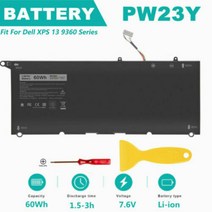 델 노트북 배터리 Dell XPS 13 9343-9350 9360 시리즈 RNP72 0TP1GT PW23Y TP1GT용, 7.6V-60Wh_For Dell XPS 13 9360