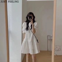 JUST FEEL!NG 여름 여성 반팔 퍼프 소매 주름 미니 원피스 무지 키작녀 첫사랑 원피스 빅사이즈