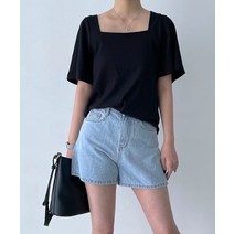 스퀘어 스퀘어넥 골지 프릴소매 5부 반팔 블라우스 티셔츠 하객룩 데이트룩 빅사이즈 여자
