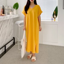 브이넥 네추럴 루즈핏 반팔 롱원피스 1103280