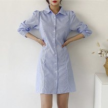 퍼니걸스 9912 스트라이프 카라 셔츠 핀턱 미니 원피스 여성의류