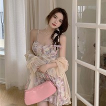 부드러운 첫사랑 달콤한 꽃 무늬 드레스 여성 2022 여름 썬 스크린 카디건 요정 펄럭이는 요정 스커트 투피스 세트