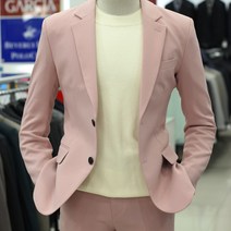 브랜드라인 남자 봄 가을 핑크 구김없는 싱글 세미 슬림핏 수트 정장 세트