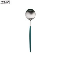 Z3JC 304 스테인레스 스틸 먹녹색 도시락 수저 세트, 피코크 그린 실버 - 디저트 스푼, 2315