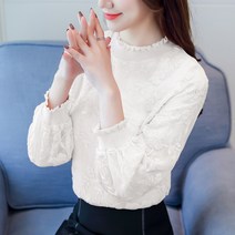 여성 쉬폰 레이스 블라우스 하프 터틀넥 바닥 셔츠 여성용 긴팔 과 겨울 하이 엔드