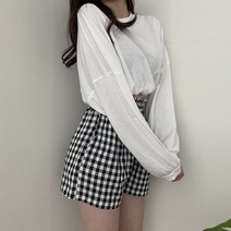 VANANA2 여성 내추럴 꾸안꾸 체크 반바지 스트링 긴팔티 세트