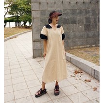 앞머리 오버핏 린넨 배색 퍼프소매 롱 원피스n710