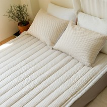 라지킹 킹 퀸 싱글 패드 여름 침대패드 시어서커 체크 누빔 이불패드 미끄럼방지, 베이지