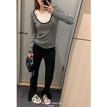 긴팔 스트라이프 가을 백오픈 여성 스퀘어넥 탑