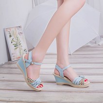 ZZJJC 일자 버클 웨지 가보시 패션 풀오버 배색 샌들
