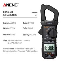 전압 전류 테스터 클램프ANENG ST209 디지털 클램프 미터 멀티 미터 6000 True RMS 미니 앰프 DC/AC 클램프, 02 Black