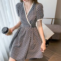 트루픽 도트 플라워 미니 랩 브이넥 원피스 반팔 퍼프 드레스 페미닌