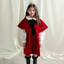 여아 크리스마스 퍼 카라 망토 벨벳 원피스 레드 드레스