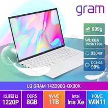 LG전자 2022년형 그램 14인치 14ZD90Q-GX30K 게임 학생 주식 고성능 기업 가성비 노트북, WIN11 Home, 8GB, 1TB, 코어i3, 화이트