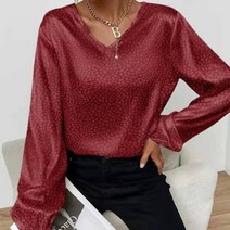 여성블라우스 프릴 셔츠 데일리룩 우아한 여성 레오파드 프린트 새틴 블라우스 2023 봄 신상품 V 넥 풀오
