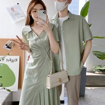 남여 그린 브이넥 셔링 반팔 셔츠 원피스 여름 미니멀한 디자인 롱스커트 허리 조임 날씬해 보이는 스커트