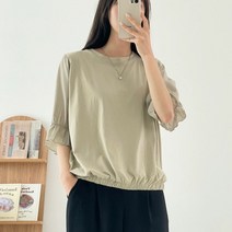 봄 여름 50대 미시 엄마옷 앞뒤 면 폴리 배색 프릴 소매 밑단 밴드 반팔 루즈핏 클래식룩 티셔츠