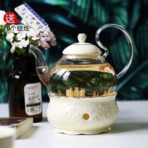 꽃무늬 내열유리 애프터눈티 차주전자 티포트와 도자기 받침대 양초 가열 홀더 스탠드 세트, 7호 컬러 골드로즈 600ml(티포트+베이스)