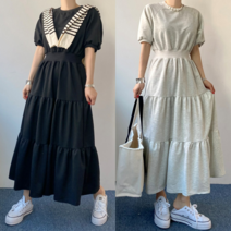 [엘샾] 캐주얼 캉캉 롱원피스 봄여름 맨투맨 플레어 면원피스