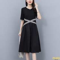 잇츠스타일 [L-5XL] 빅사이즈 블랙 심플 엑스 반팔 미디 원피스