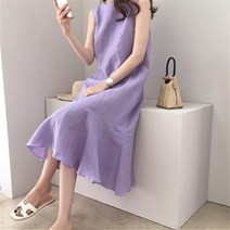 여성 여름 린넨 마 민소매 원피스 퍼플 밑단 프릴 a1