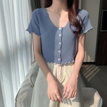 부드러운 촉감 봄니트 여성 반팔 니트 티 최신자수 브이넥 숏니트 여름