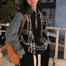 넷투넷코리아 여성 카라넥 니트 체크패턴 루즈핏 데님포인트 티셔츠