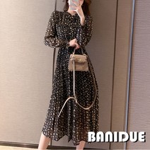 [바니드] 여성 쉬폰 A라인 롱원피스 꽃무늬 주름 러블리 플리츠 봄가을룩 0191