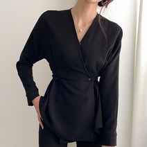 브이넥 노카라 허리스트링 페미닌 랩 블라우스 2 컬러 whl 0대 면접 회사원 직장인 3 하객 룩코디 여자